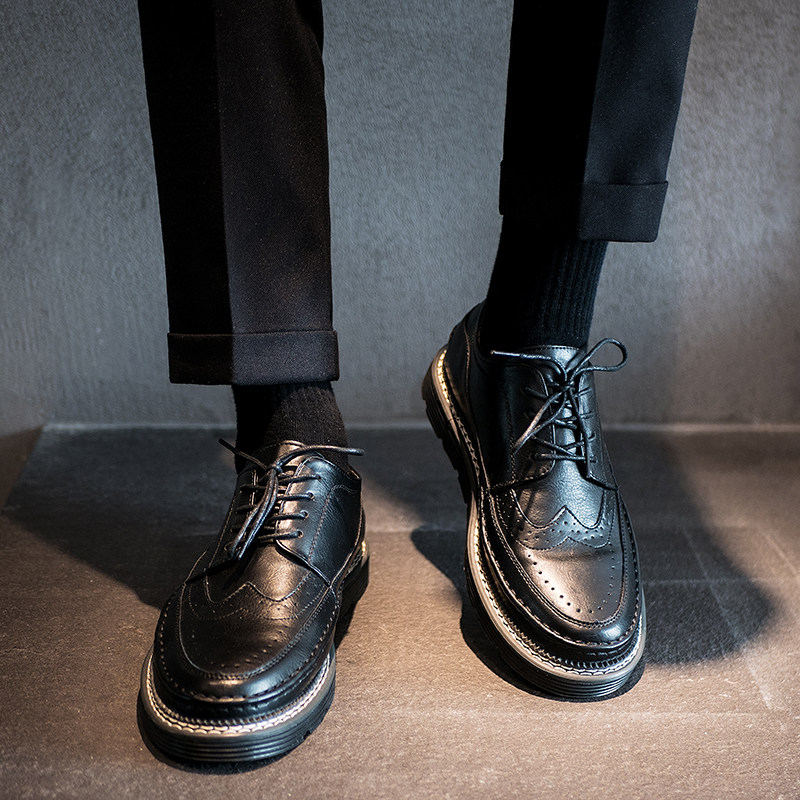 Septwolves leather shoes men's autumn breathable brogue black leather shoes trend British style business formal men's off