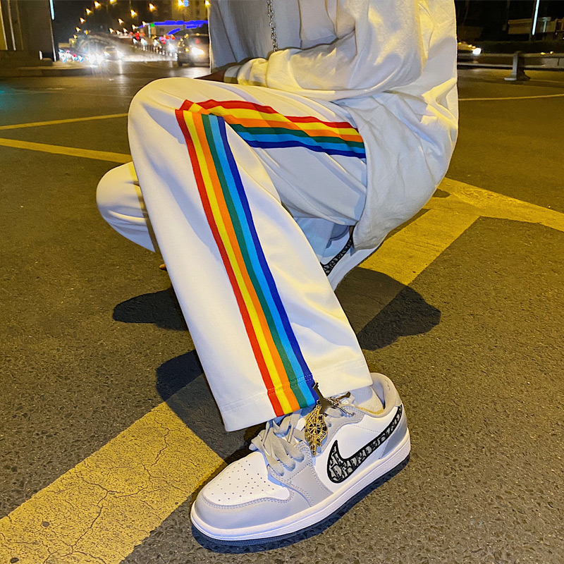 White rainbow striped sports thick cotton pants men's straight loose wide-leg Japanese oversize vintage casual trousers