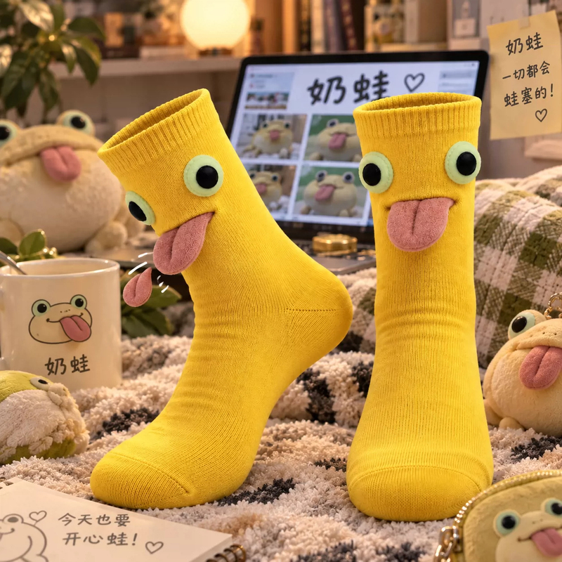 Abstract Cartoon Frog Sticking Out Tongue Funny Mid-Calf Socks for Women, Cute Couple Socks with Quirky Design, Trendy Prank Socks Abstract Cartoon Frog Sticking Out Tongue Funny Mid-Calf Socks for Women, Cute Couple Socks with Quirky Design, Trendy Prank Socks