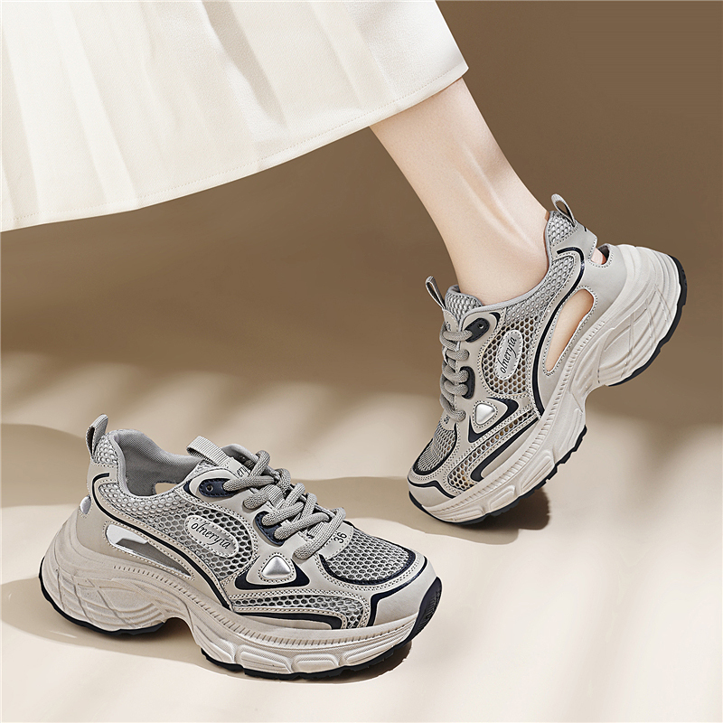 Genuine Leather Dad Shoes for Women, 2026 New Summer Breathable Hollow Mesh Women's Shoes, Thick-Soled Casual Lightweight Sneakers