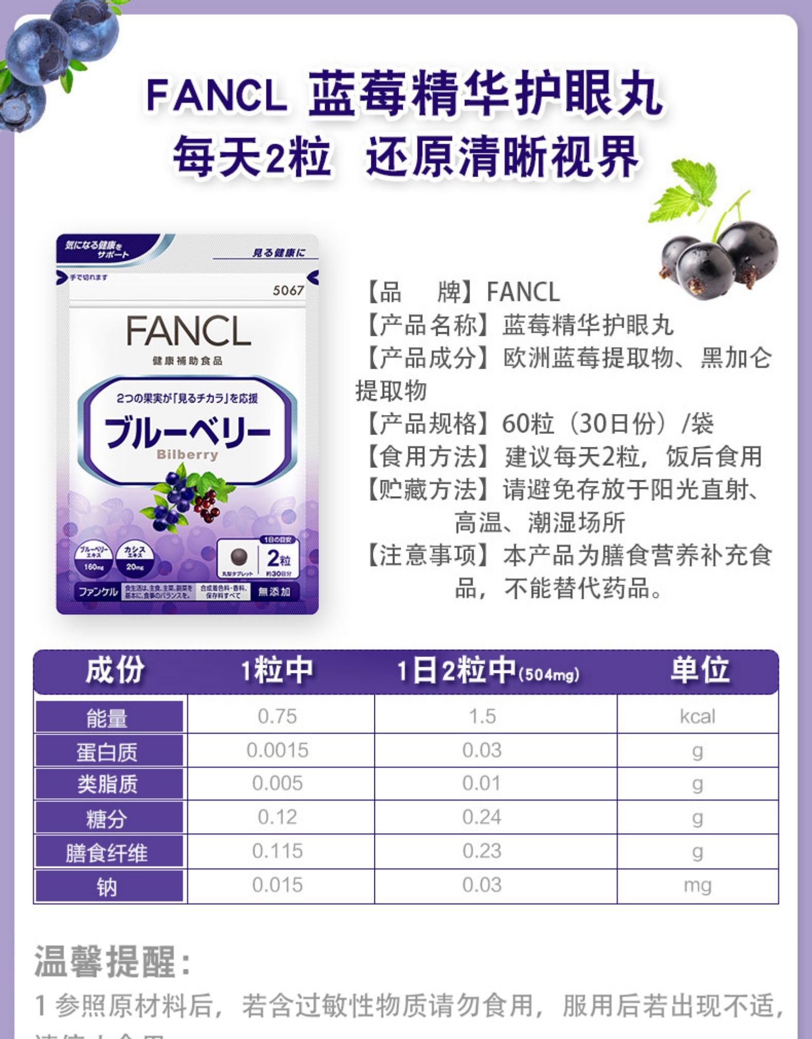 【日本直邮】DHL直邮3-5天到  日本本土版 FANCL 蓝莓护眼丸 1个月量 60粒