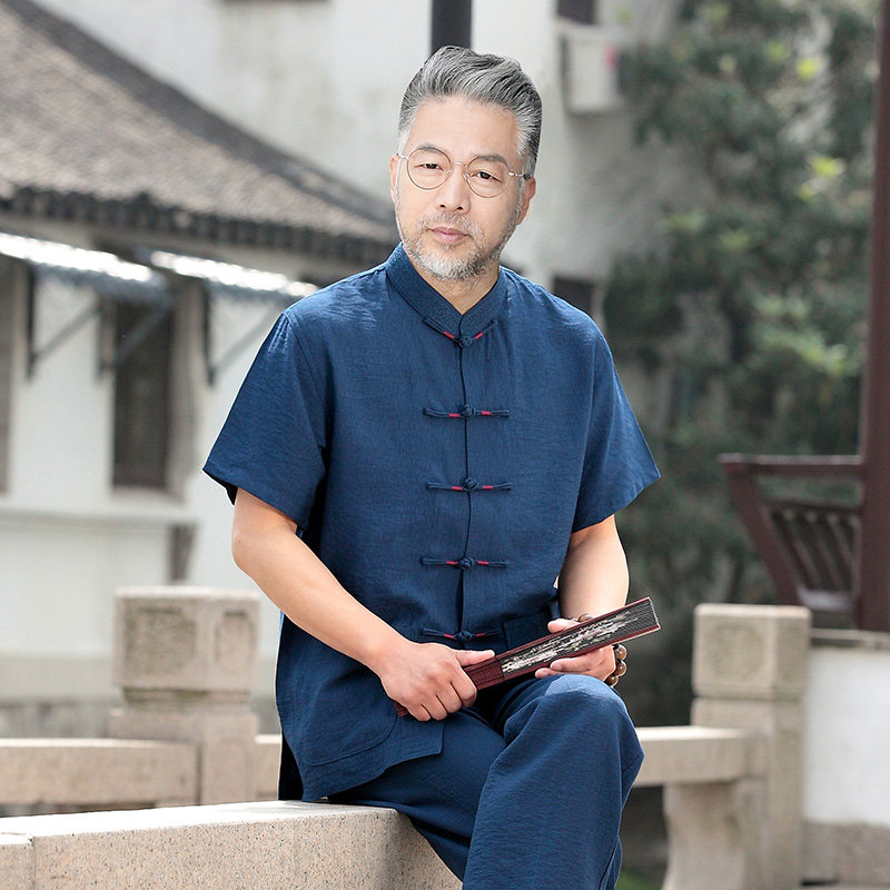 Chinese style Tang dress men's linen summer grandpa old man clothes Dad cotton and linen short sleeve suit middle-aged summer dress