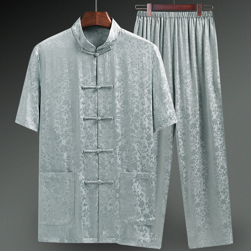 Mulberry Silk Silk Tang Dress Man Real Silk Grandpa Short Sleeve Mid Aged Daddy Summer Suit China Wind Old Clothes