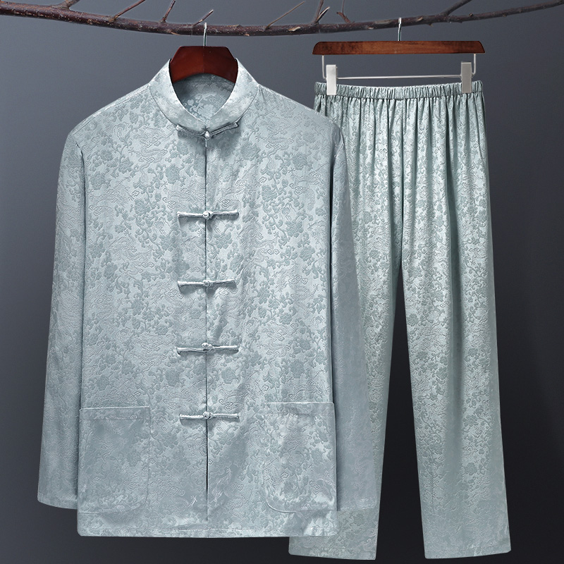 Spring and summer silk Tang dress male middle-aged mulberry silk dad long-sleeved suit Chinese style old man grandpa silk summer dress