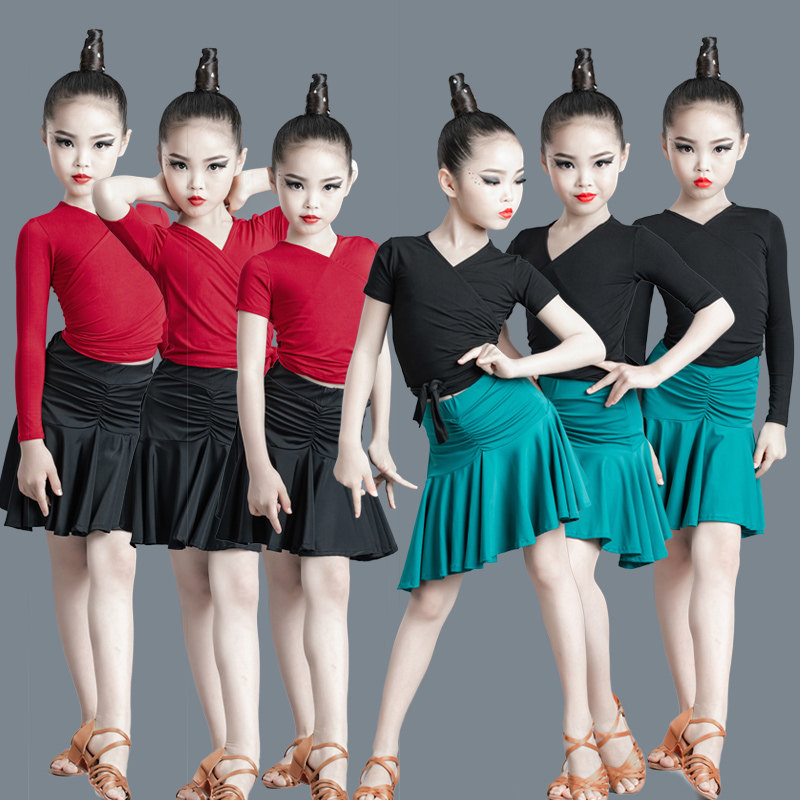 Latin Dance Dress Suit Children Summer Latin Dance Dress Girl Short Sleeve Dance Dress Rehearsal for Latin