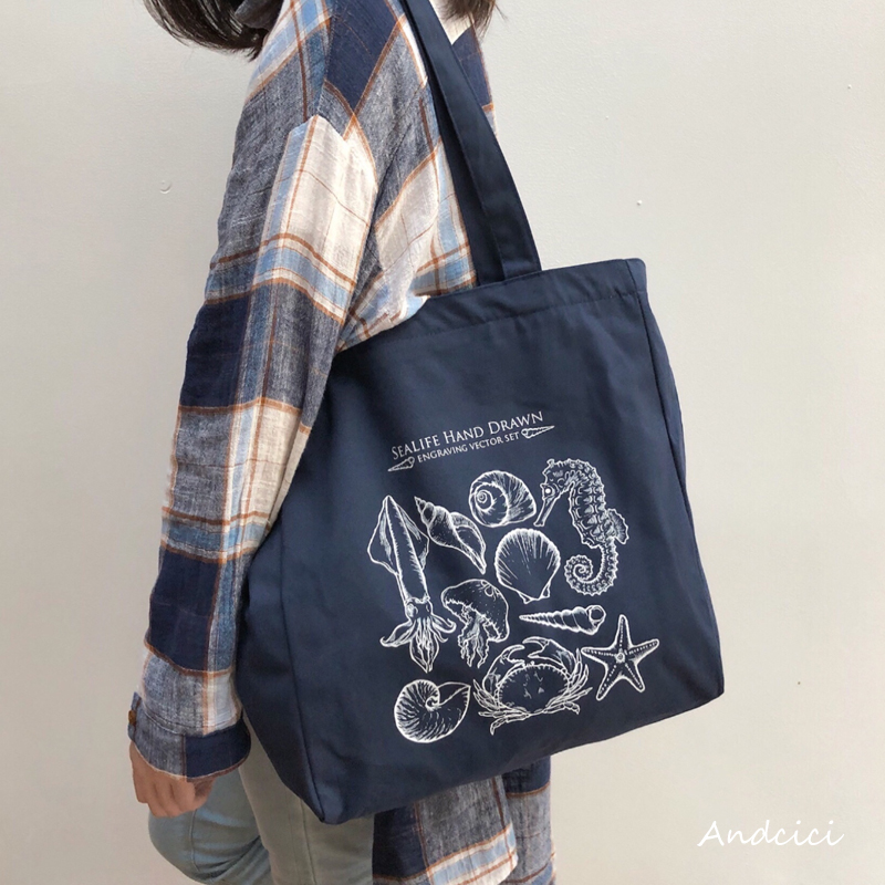 ANDCICI art lazy wind chic shell illustration canvas bag women shoulder large capacity Shopping Bag tote bag
