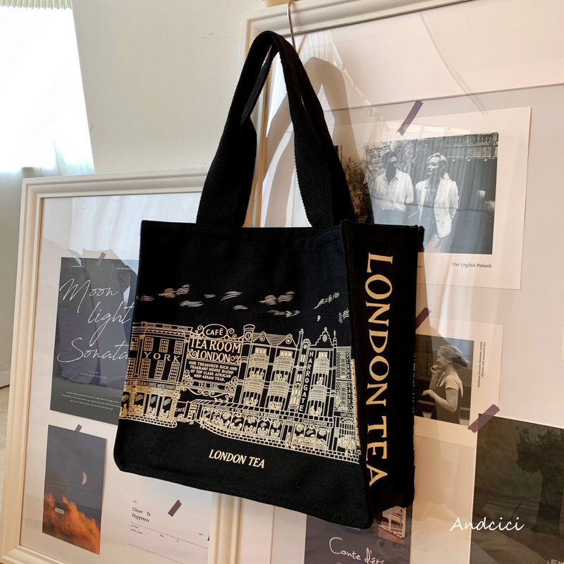 Andcici@British Afternoon Tea~London Canvas Bag Black Shoulder Bag Unisex Student School Bag Large Shopping Bag