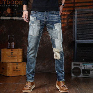 潮流机车高端蓝色潮牌修身小脚裤贴布补丁复古痞帅休闲牛仔裤男款