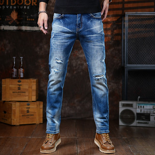 高端潮流破洞男士牛仔裤港风轻奢高端弹力修身小脚裤水洗浅蓝休闲