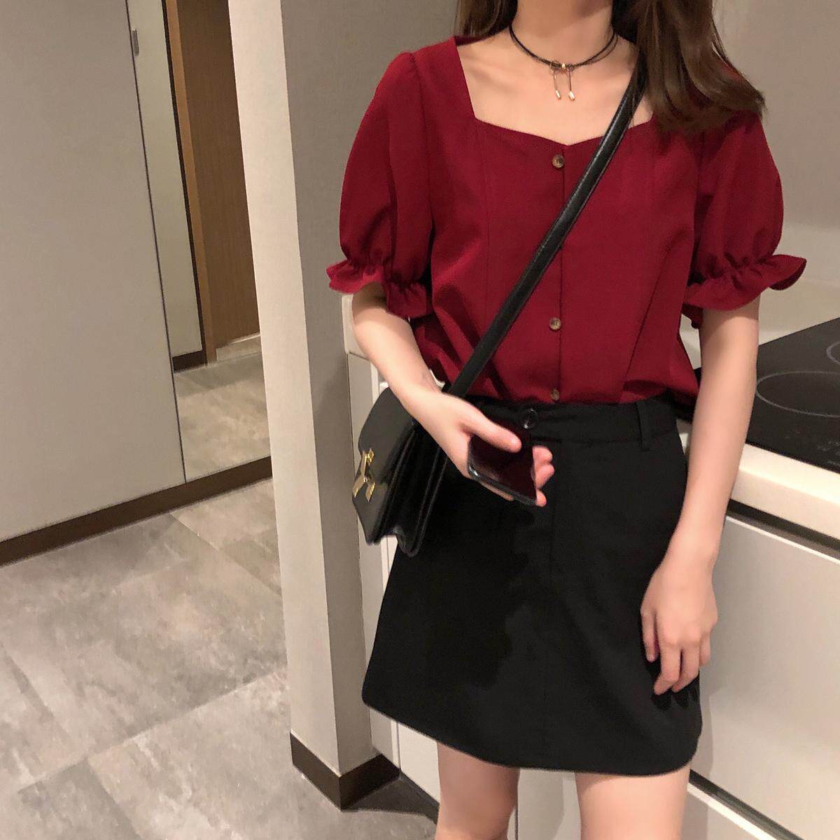Puff sleeves chiffon square neck top women's summer design niche 2021 new temperament collarbone thin and sweet shirt