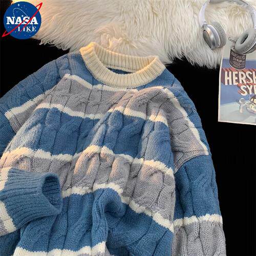 NASALIKE sweater male winter thickened harbor wind retro tingen striped round collar sweater jacket male loose laziness-Taobao