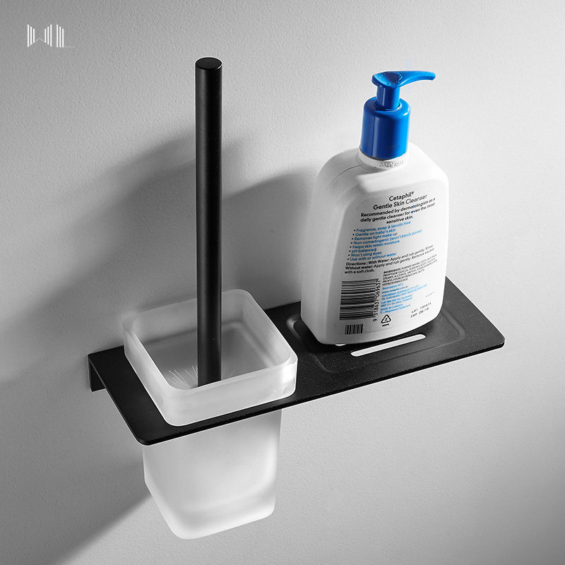 Nordic space aluminum toilet Cup rack black non-hole toilet brush wall home rack