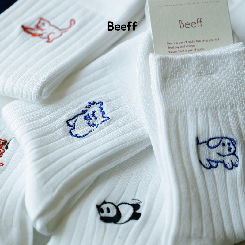 Beeff Women's Summer Thin Mid-Calf Socks with Embroidered Panda, Kitten, and Puppy Designs, Seamless Breathable Cotton Socks