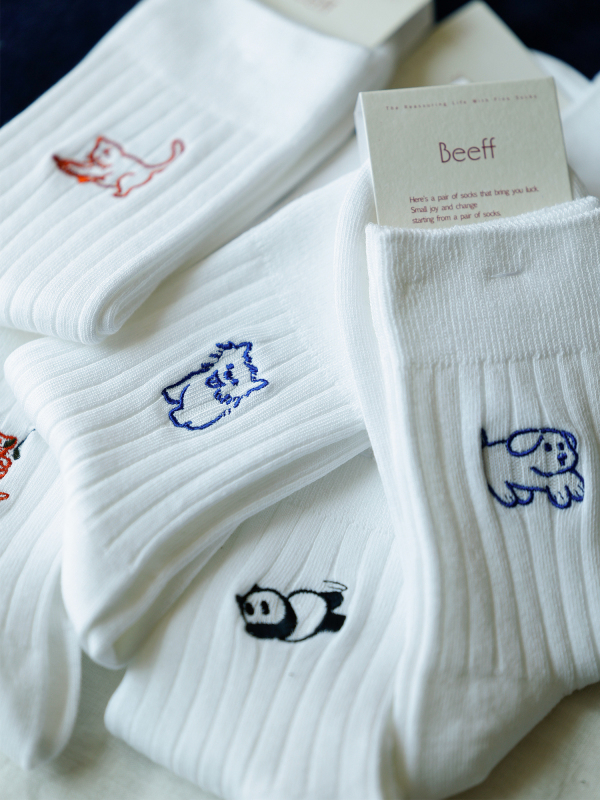 Beeff Women's Summer Thin Mid-Calf Socks with Embroidered Panda, Kitten, and Puppy Designs, Seamless Breathable Cotton Socks