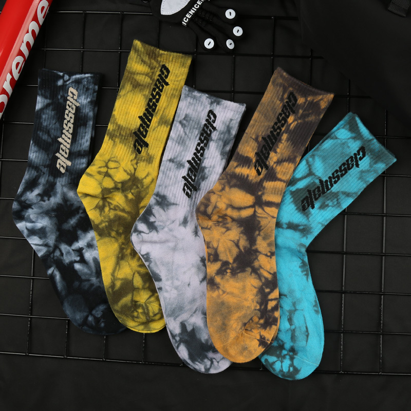4 Pairs of Tie-Dye Mid-Calf Socks for Men ins Trendy Long Socks Street Style European and American Skateboard Cotton Socks Basketball Sports Socks for Women with Lettering