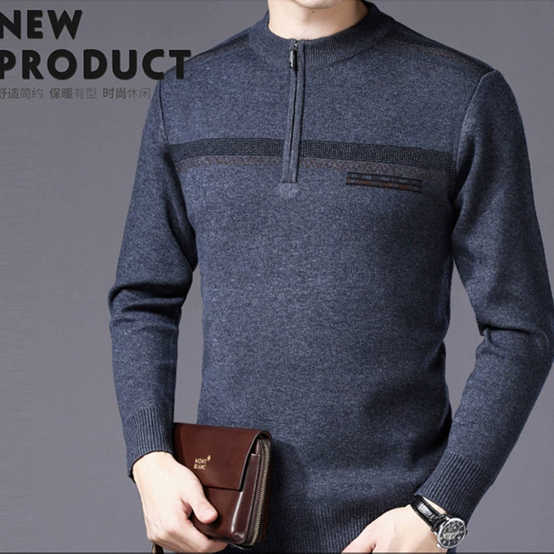 2019 Mùa đông mới cổ tròn tay dài màu rắn đan Slim Slim Zip một nửa áo len áo len nam - Kéo qua