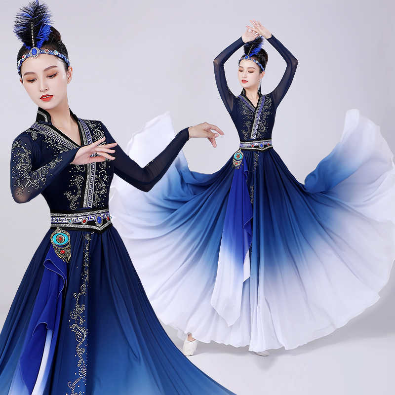 New Mongolian Dance Costume with Large Skirt, Women's Performance Outfit, 540-Degree Long Skirt, Two-Piece Mongolian Robe for Art Exams