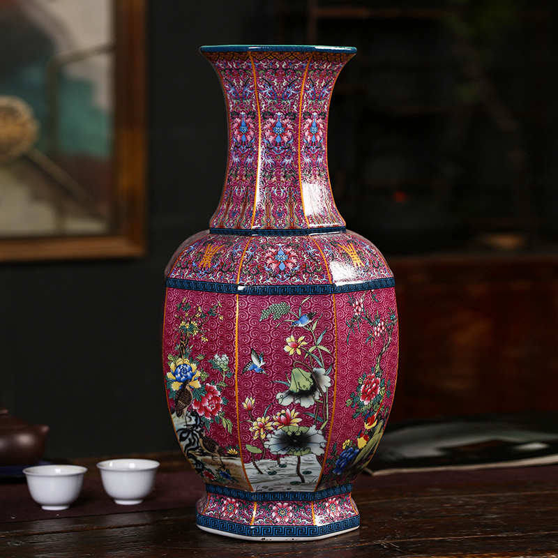 Jingdezhen ceramics flower arranging Chinese style pastel colored enamel vase imitation antique furnishing articles rich ancient frame decorate the study