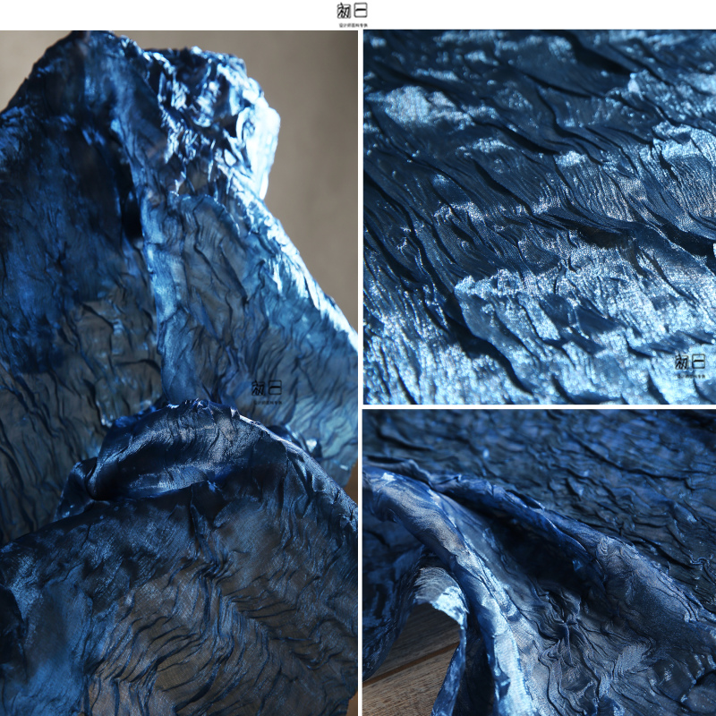 Dark Blue Water Ripple Crepe Irregular Wave Pleated Three-Dimensional Texture Reflective Dress Fabric for Clothing Designers