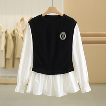 (She) with cotton wool embroidered nail pearl bright sheet badge knit sweater fake two pieces splicing design goat sweater