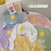Girls sunscreen 2021 Xias new female baby Han version Thin Letter Smiling Face Sleeve Head 100 Lap Long Sleeve Blouse