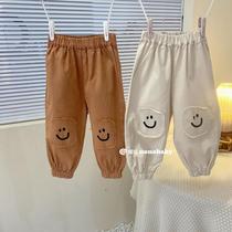 Children Casual Pants Baby Kindergarten Bundle Foot Pants 2021 New Spring Autumn Season Korean Version Pure Color Smiley Face Patch Long Pants