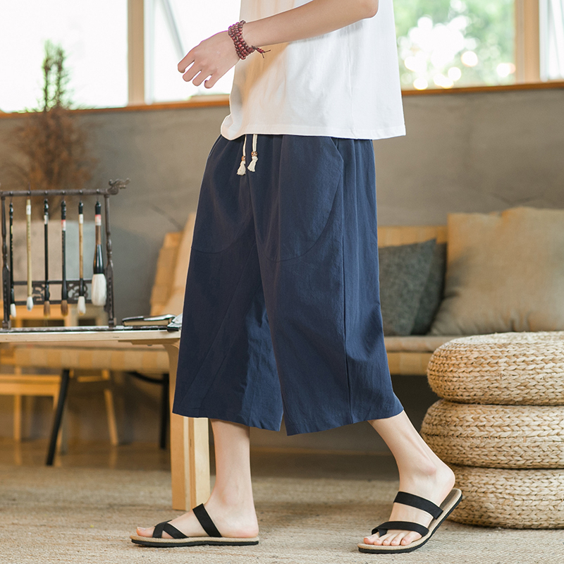 Linen Cropped Pants for Men, Chinese Style, Loose, Thin, Wide-Leg, Eight-Point Pants, Youth Summer, Large Size, Cotton-Linen Casual Shorts