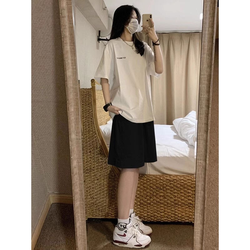 American-Style Casual Sports Shorts for Women, Summer Loose High-Waisted Thin Straight-Leg Wide-Leg Knee-Length Shorts, Black 5-Point Pants