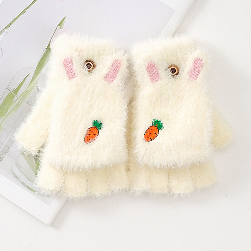 Children's gloves winter warm girl cute male girl princess homework writing half finger gloves flip five fingers