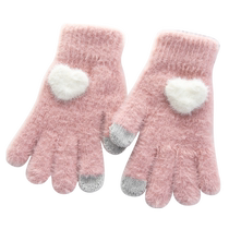 Childrens gloves for girls in autumn and winter warm and velvet thickening cute princess five-finger gloves with touch screen and half finger