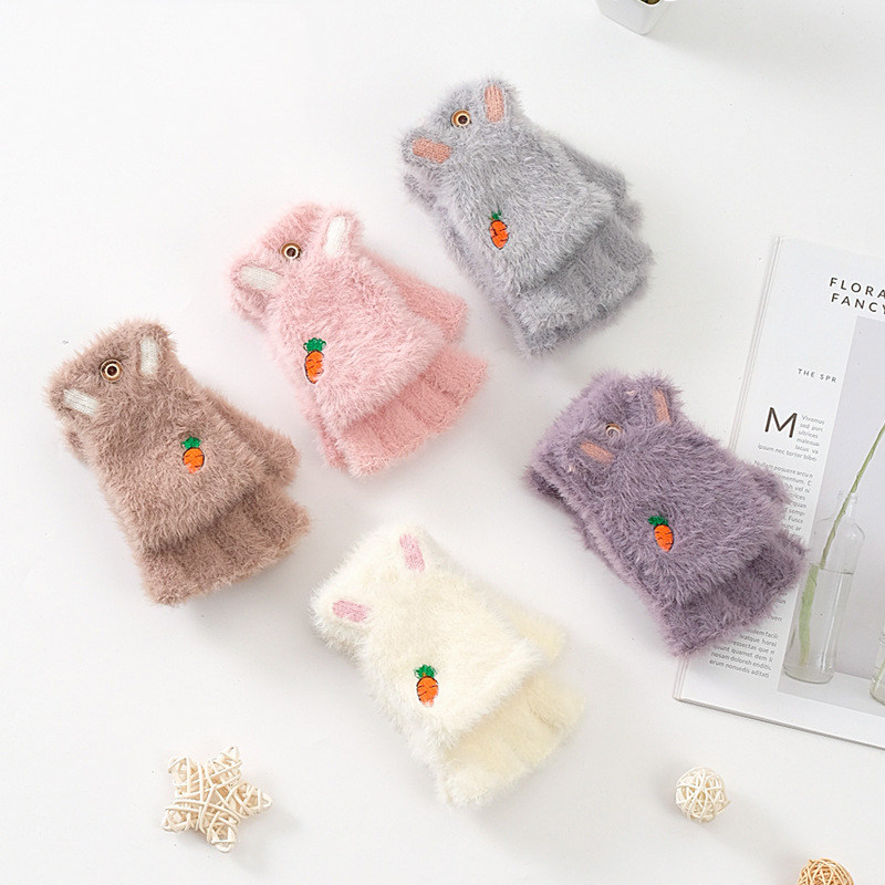 Children's gloves winter warm finger flap cold protection fluffy girl cute girl student writing half finger