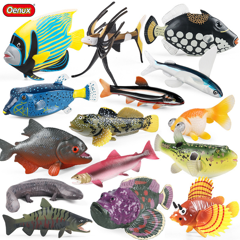 Simulated Marine Animal Models: Piranha, Flying Fish, Pufferfish, Bass, Alligator, Stingray, Stone Fish, Lanternfish Toys