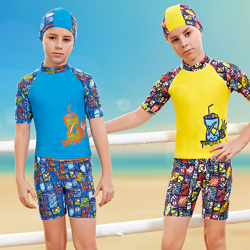 English Hair Children Boy Middle Child Short Middle Sleeve Two-piece Cartoon Swimsuit 50% Pants Swimsuit Delivery Matching Swimming Cap