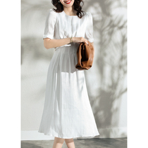 vero sinly commute elegant and soft smooth pure white A character dress round collar short sleeve cashew slim mid-length dress with dress