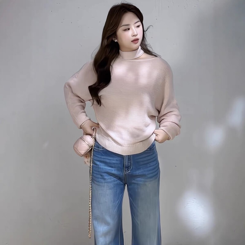 Mountain Island Little Deer Plus Size Korean Style Lazy Vintage Halter Neck Off-Shoulder Knitted Sweater for Plus Size Women, Autumn and Winter Fashion Slimming Top