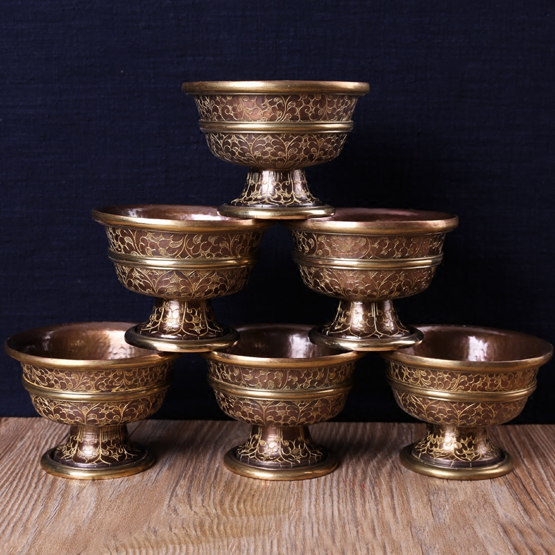 Nepal Pure Handcrafted Sketch Gold Sculpture Flower Water Bowl Red Copper Water Supply Bowl Holy Water Cup Small set of 7 