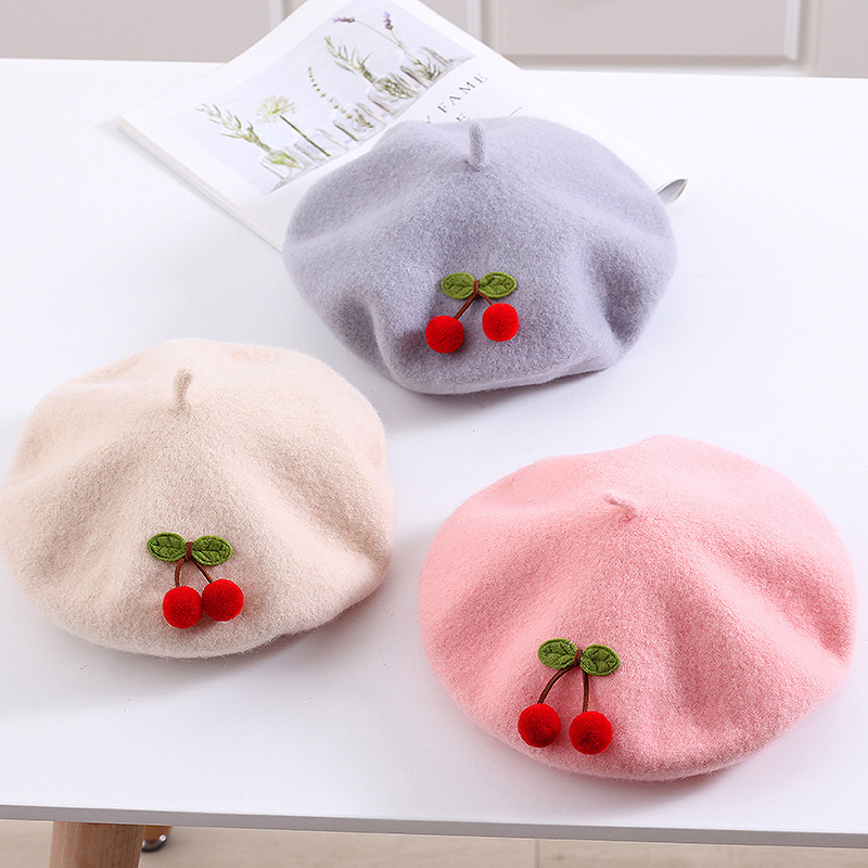 Parent-child cherry children's beret hat girl girl Korean British painter hat baby autumn and winter woolen fashion