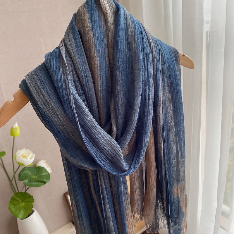 Retro Nostalgic Feel Natural Wrinkled Cotton and Linen Scarf, Artistic Women's Spring and Autumn Soft Pure Cotton Shawl, Elastic Tie-Dye Silk Scarf