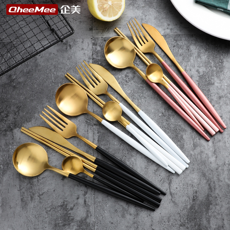 Knife Fork Spoon Chopstick Set Golden Brief Yoo-Style Net Red Steak Knife fork Two sets Home Western Dining Tableware Complete