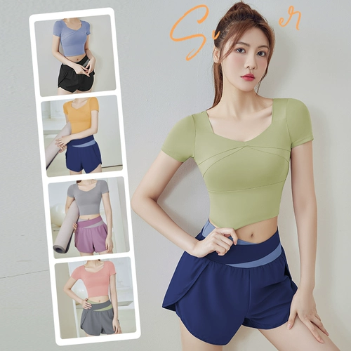 Спортивная футболка, одежда для йоги, комплект для тренировок для спортзала, короткий рукав, для бега