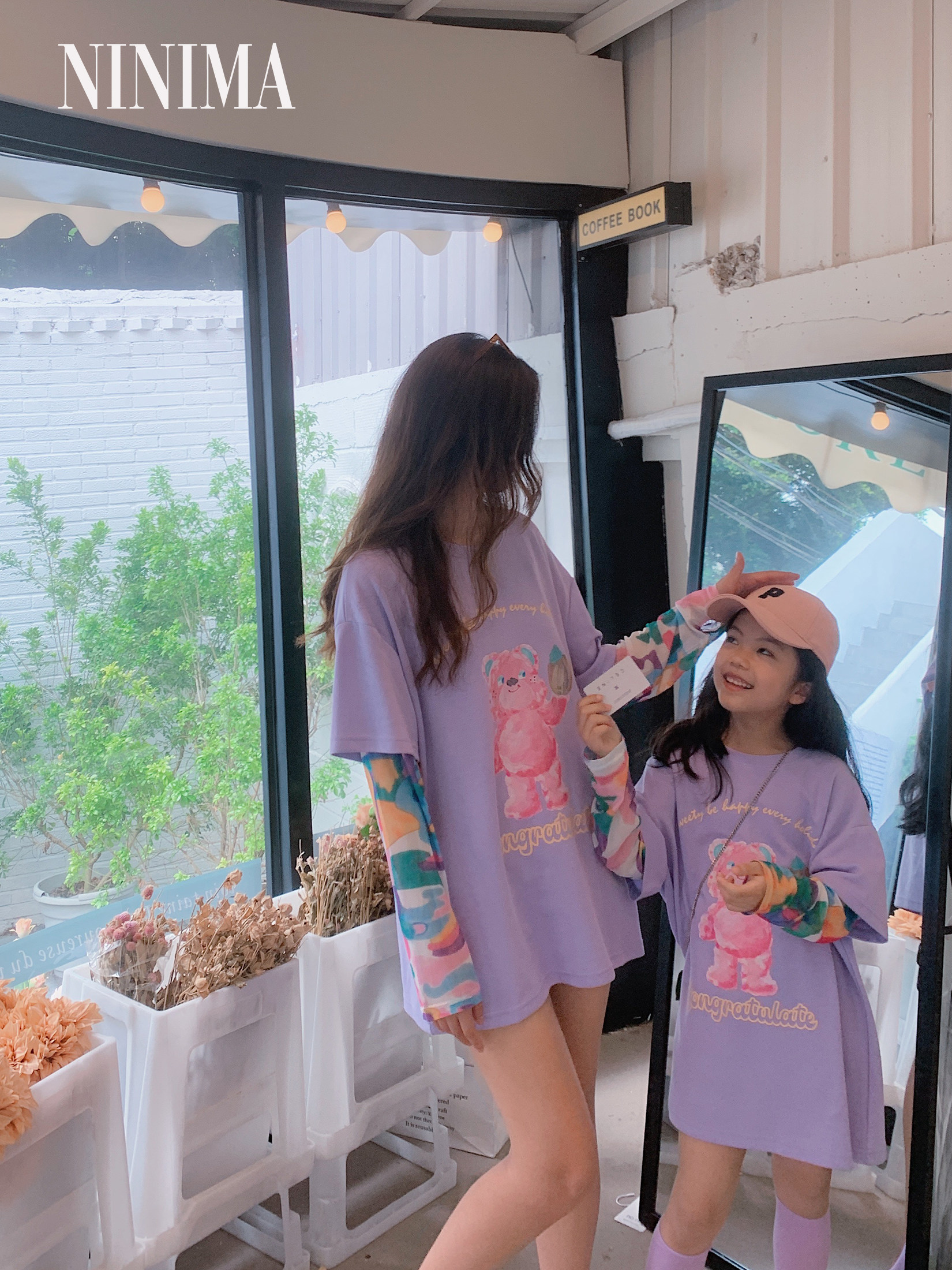 Nini mom summer new sunscreen cold sleeves stitching tender purple cartoon bear print fake two-piece T-shirt fresh