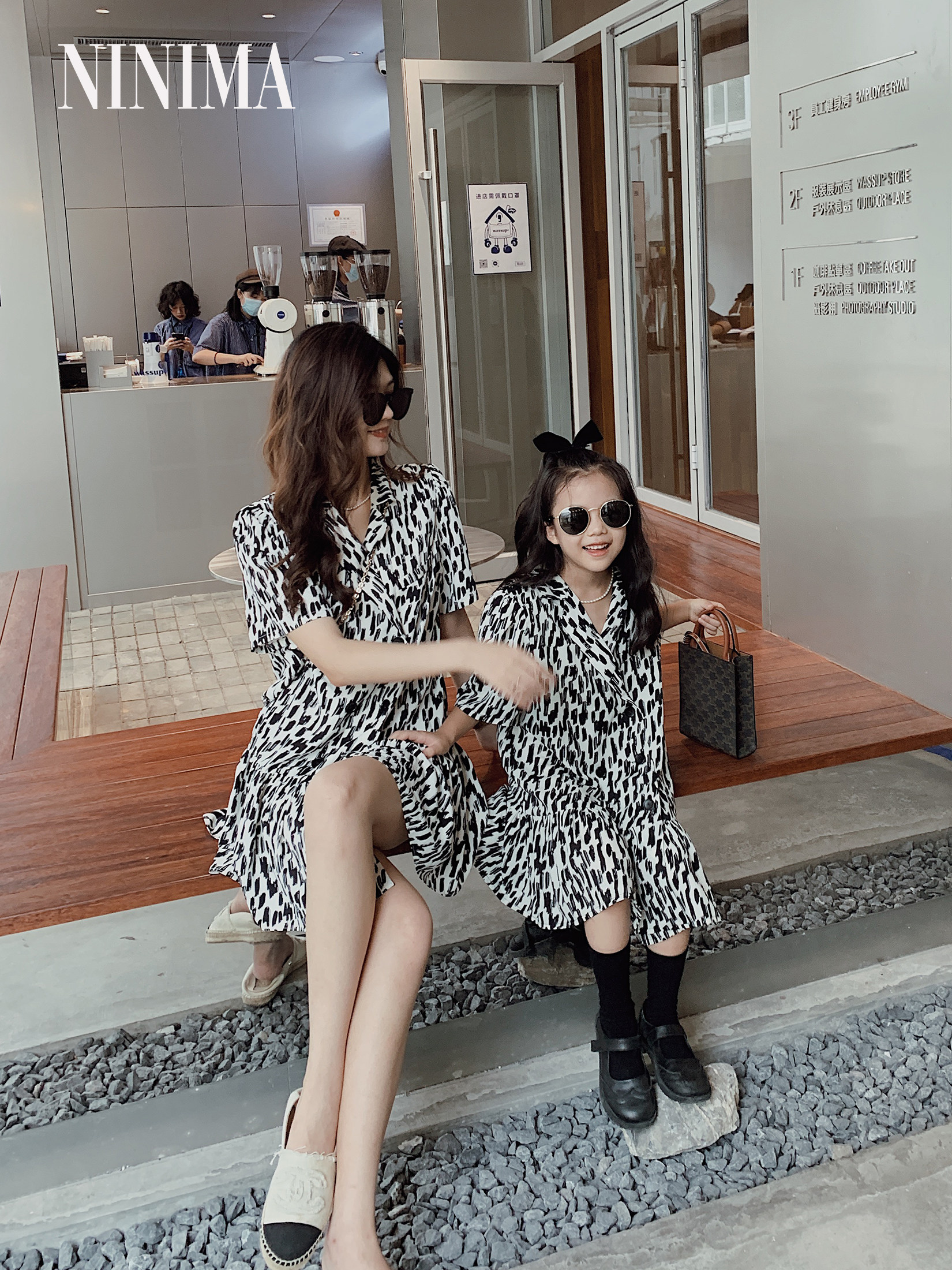 Ninima's new trendy cool design black and white BAO WEN suit skirt short-sleeved one-piece suit catwalk style parent-child