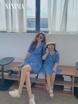 Summer special childrens soft - wind childhood love blue skirt bubble sleeve high waist short skirt dress parent dress