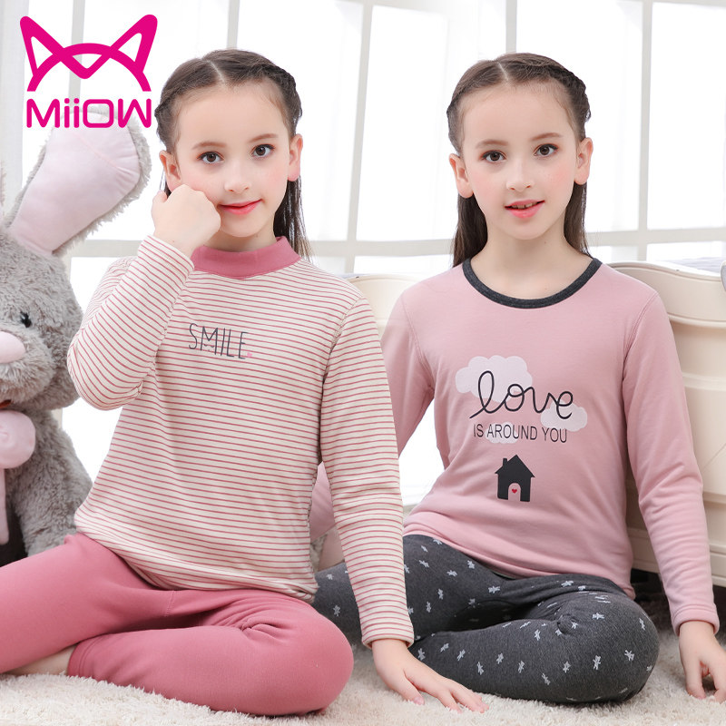 Catren Children's Thermal Underwear Set Girls Autumn Clothing Sanitary Pants Plus Fleece Thickening Girls Pajamas Autumn and Winter Homewear