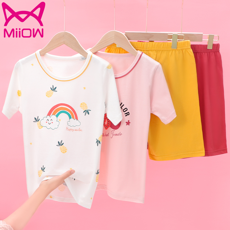 Cat people girls cotton short-sleeved home clothes children's suit middle and big children's cotton pajamas youth spring and summer thin section