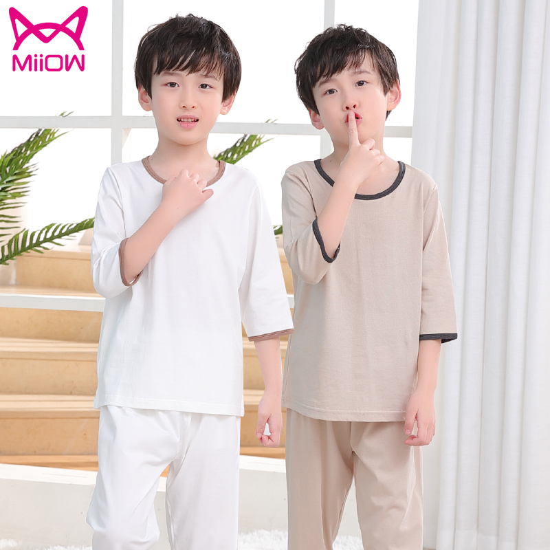 Boys 'home clothes Pure cotton Girls' short-sleeved pajamas set 3 air conditioning clothes 6-9 years old 12 children 15 spring and autumn and summer thin models