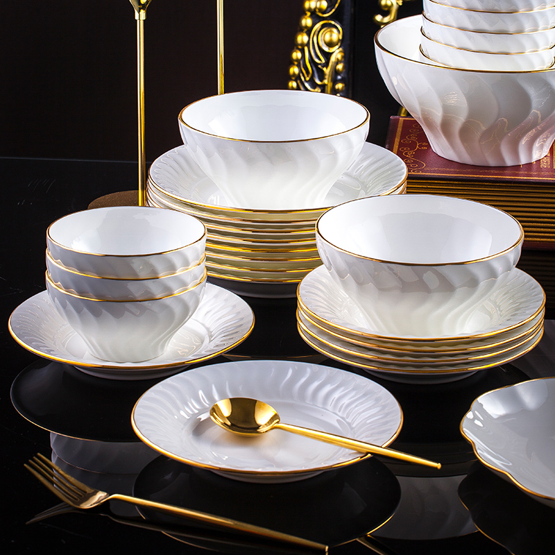 Nordic Bone China Bowl Set White Simple Jingdezhen Ceramic Tableware Phnom Penh Water Pattern DIY Item Link