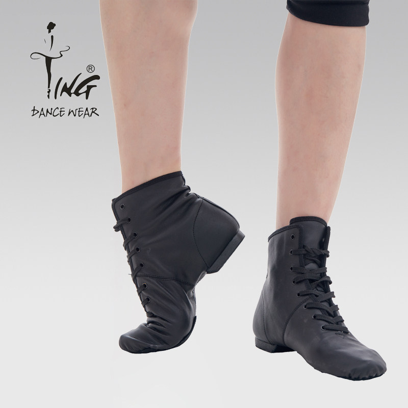 Chen Ting Dance Shoes Black Leather Jazz Boots High Drum Soft Bottom Flat Heel Dancing Skills Base Training Shoes Men And Women Black