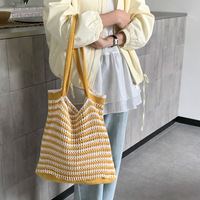 Forest style literary style contrast striped woven bag lazy knitted portable shoulder bag commuting large capacity shoulder bag