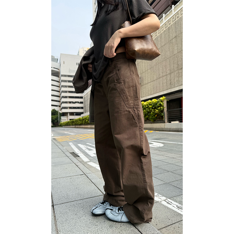 Shen Qiuqiu La Calla Pocket Work Pants Washed Asymmetrical Autumn/Winter Casual Pants Pocket Cargo Long Pants K087